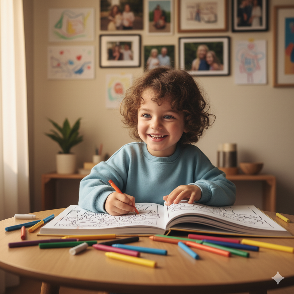 Child coloring in personalized coloring book