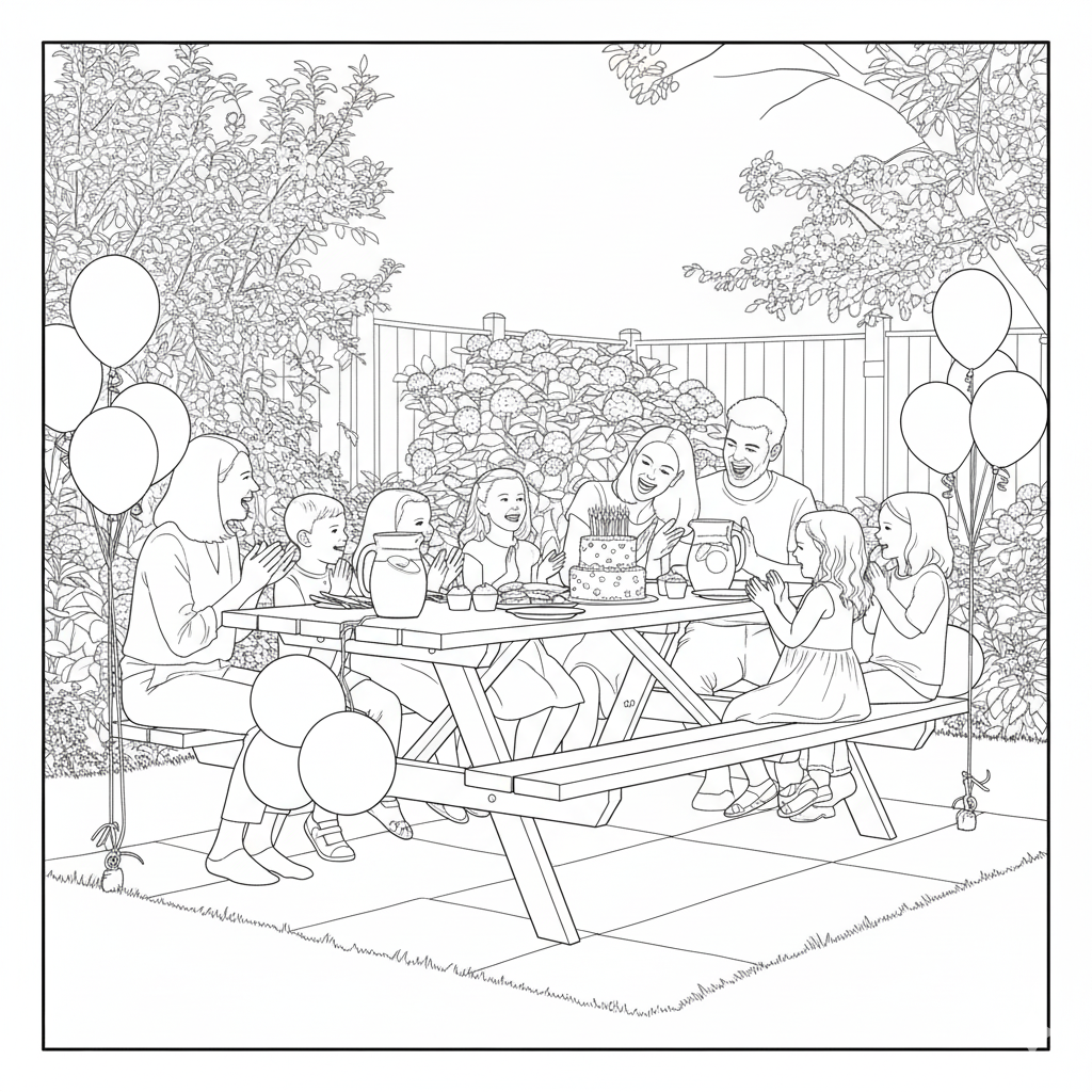 AI-transformed coloring page of family birthday party